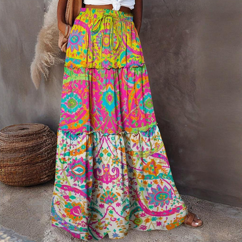 Womens Plus Patchwork Floral Print Drawstring Waist Maxi Skirt