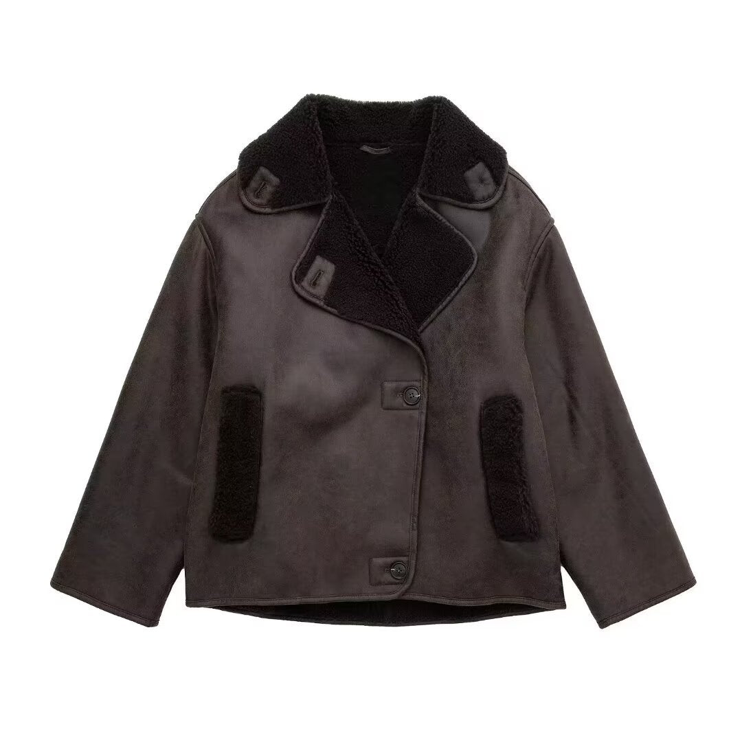 Soft Plush Casual Jacket V Neck Loose Fit Autumn Winter Coat