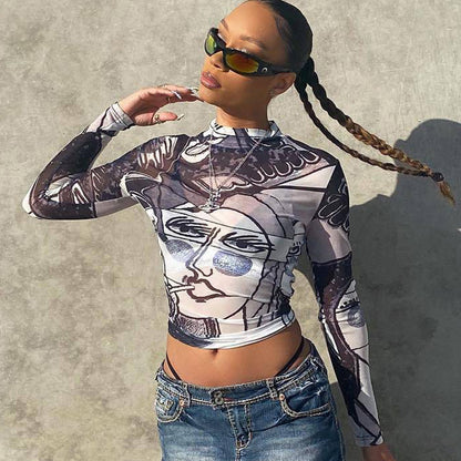 Sensual Mesh: Sheer Turtleneck Long-Sleeve Tee