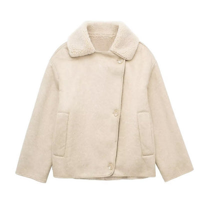 Soft Plush Casual Jacket V Neck Loose Fit Autumn Winter Coat