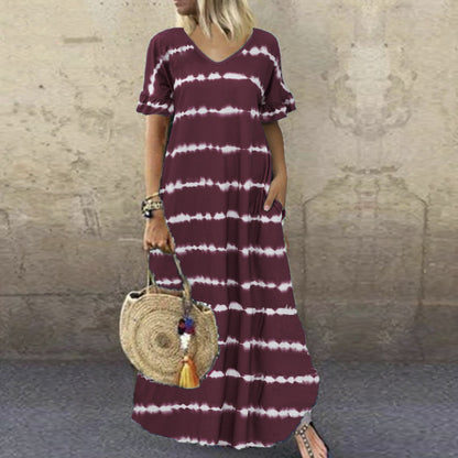Seaside Serenity: V-Neck Floral Ruffle Dress