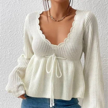 V Neck Lace Up Sweater