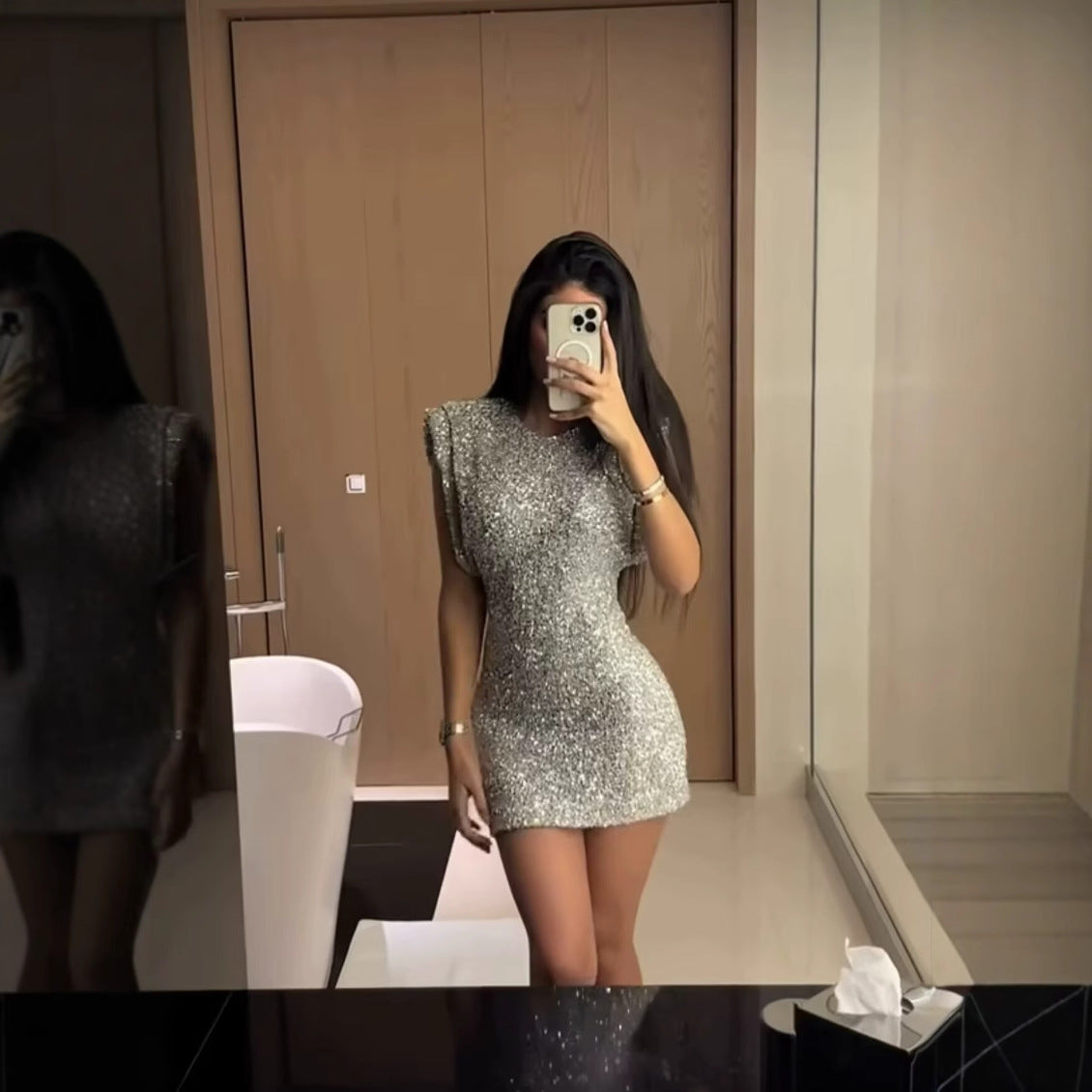 Celestial Sparkle Mini Dress Sleeveless Knitted Dress With Sequin Stars Ruffled Hem Slim Fit High Waist Style For Women 2025