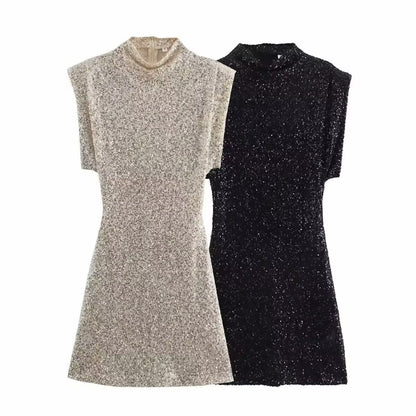 Celestial Sparkle Mini Dress Sleeveless Knitted Dress With Sequin Stars Ruffled Hem Slim Fit High Waist Style For Women 2025