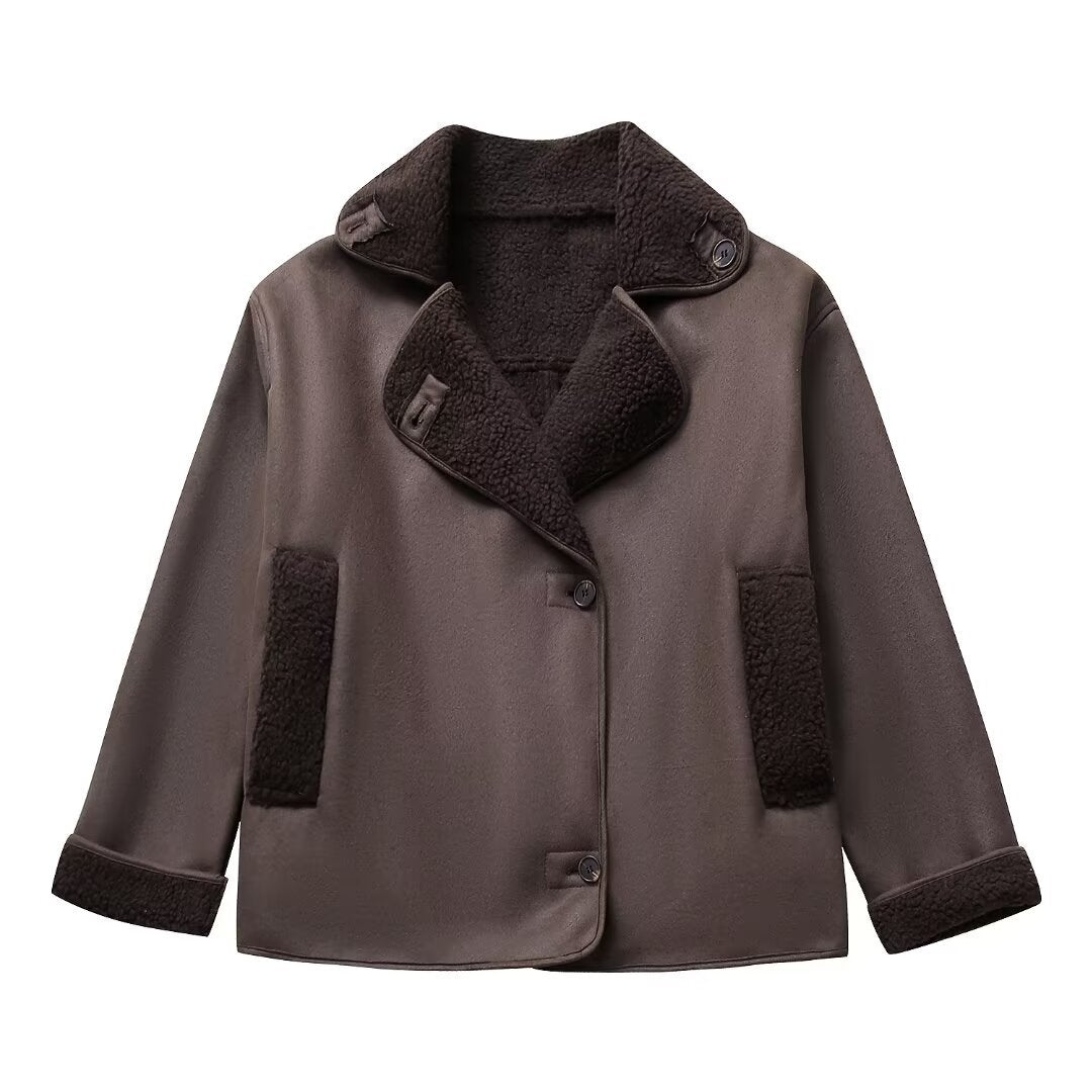 Soft Plush Casual Jacket V Neck Loose Fit Autumn Winter Coat