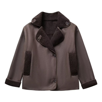 Soft Plush Casual Jacket V Neck Loose Fit Autumn Winter Coat
