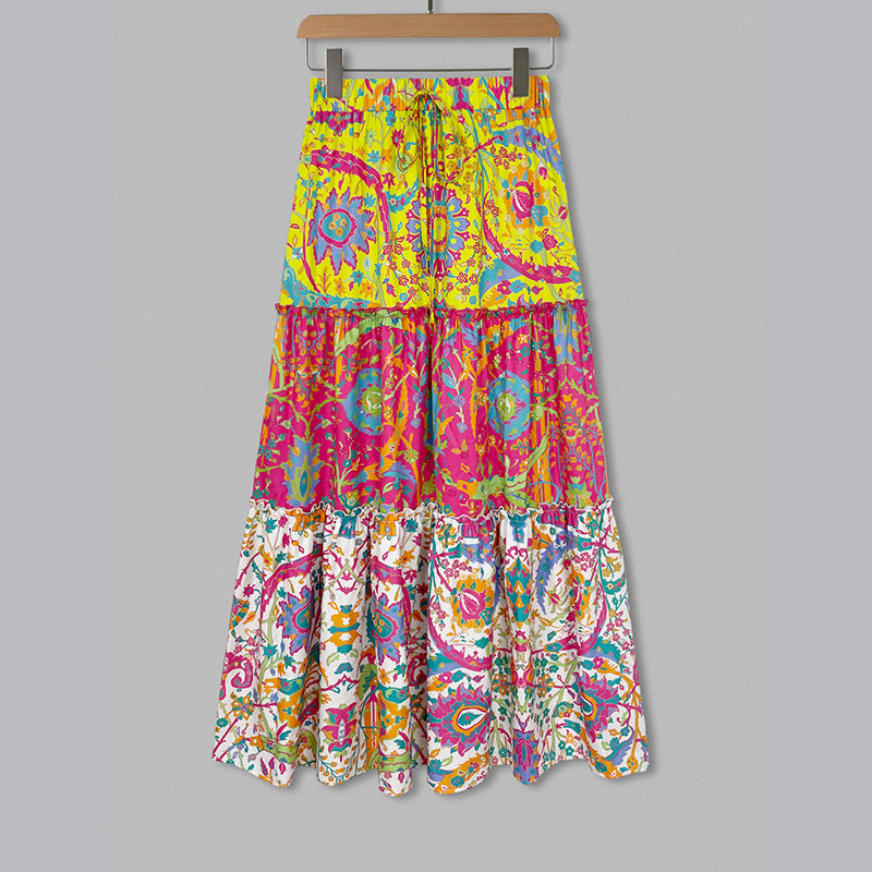 Womens Plus Patchwork Floral Print Drawstring Waist Maxi Skirt