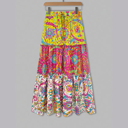 Womens Plus Patchwork Floral Print Drawstring Waist Maxi Skirt