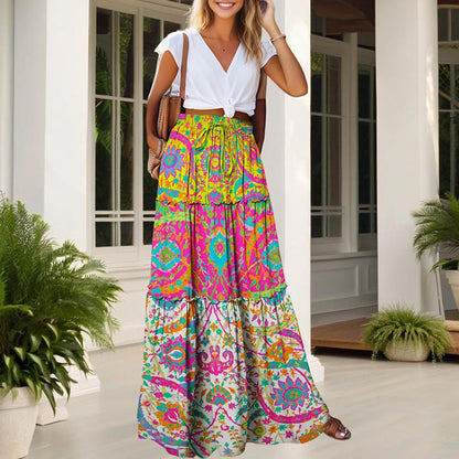 Womens Plus Patchwork Floral Print Drawstring Waist Maxi Skirt