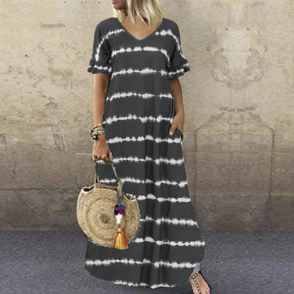 Seaside Serenity: V-Neck Floral Ruffle Dress