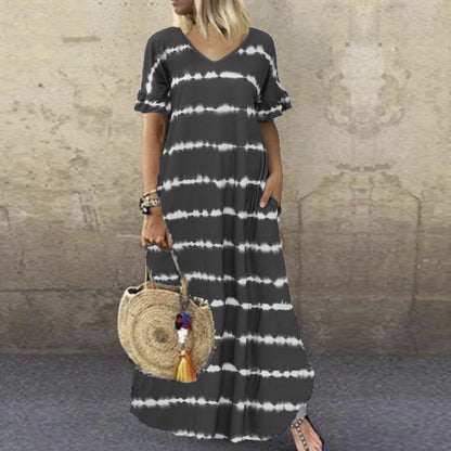 Seaside Serenity: V-Neck Floral Ruffle Dress