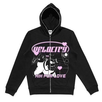 Hip Hop Zip Up Hoodie Vintage Star Patch
