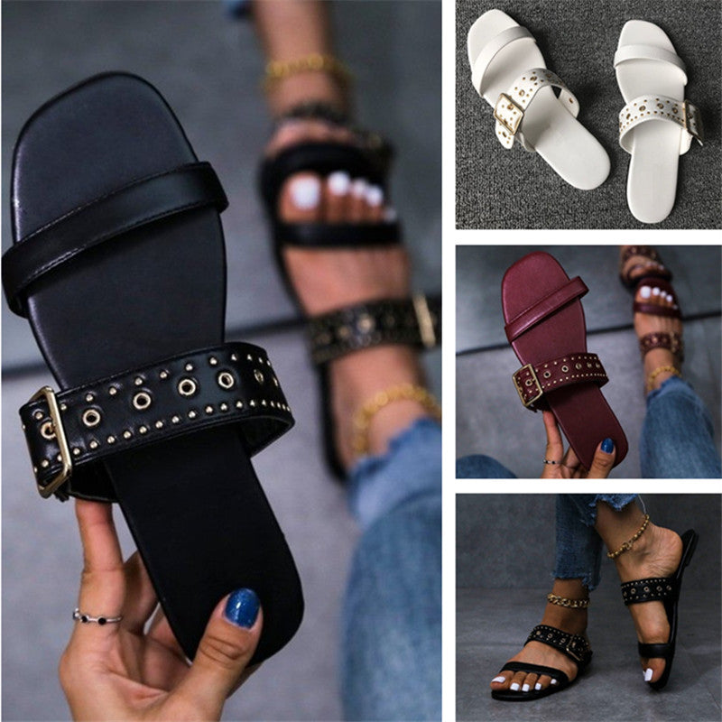 Womens Square Heel Sandals Casual Slides