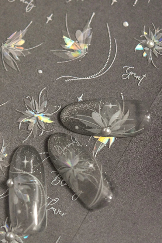 Autumn Nail Art Stickers With White Flowers And Gradient Shine For Fall Nail Ideas
