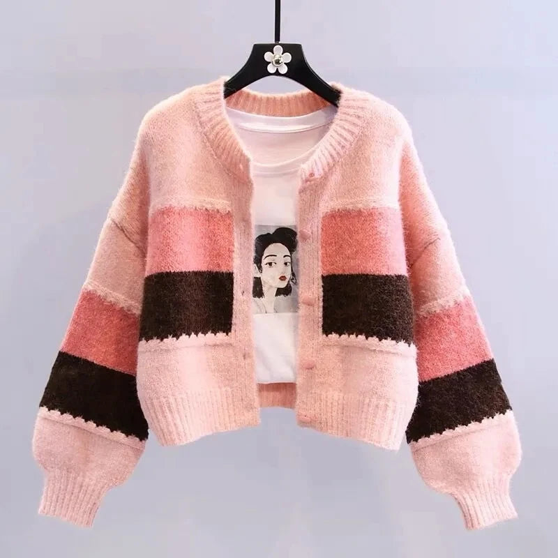 Boho-Chic Multicolor Knit Cardigan with Dramatic Lantern Sleeves for Fall