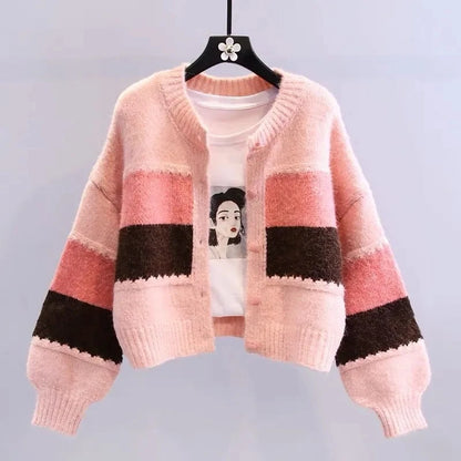 Boho-Chic Multicolor Knit Cardigan with Dramatic Lantern Sleeves for Fall
