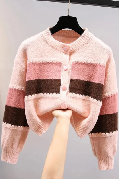 Boho-Chic Multicolor Knit Cardigan with Dramatic Lantern Sleeves for Fall
