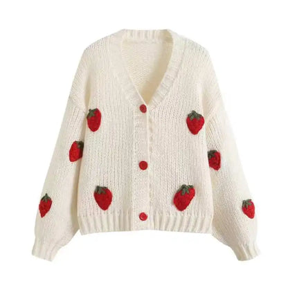 Fall Outfit Ideas Sweet Strawberry Knit Cardigan For Women Preppy Style V Neck Sweater Top
