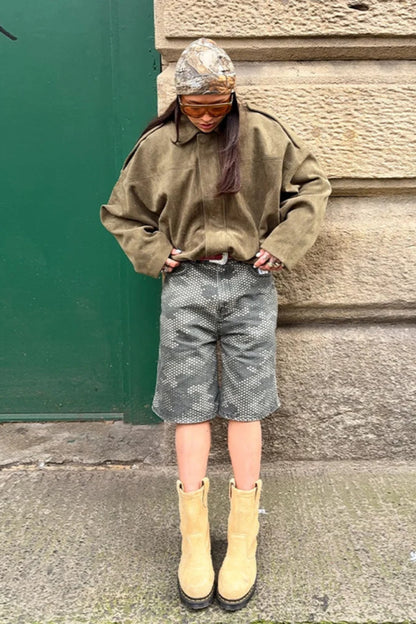 Fall Outfit Inspiration Green Short Jacket With Zipper And Lapel Style