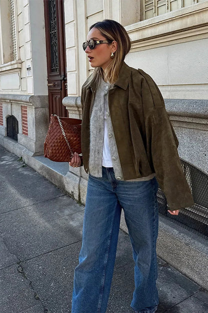 Fall Outfit Inspiration Green Short Jacket With Zipper And Lapel Style