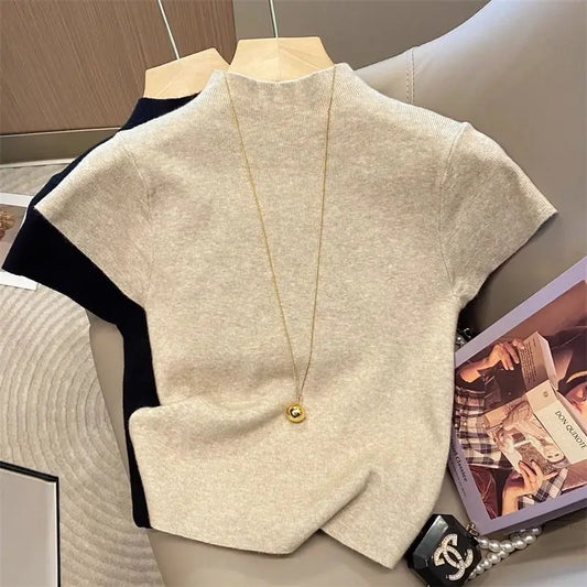 Fall Outfit Inspiration Slim Knitted Turtleneck Sweater With Short Sleeves