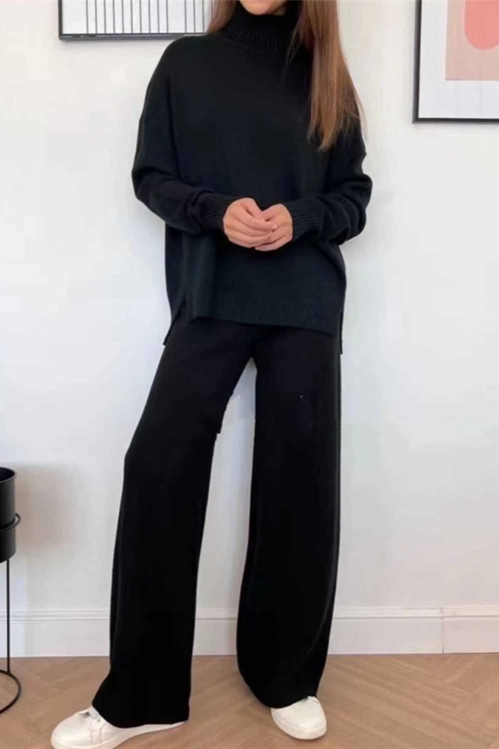 Fall Outfits Casual Knitted 2 Piece Outfit For Women Warm Turtleneck Sweater And Pants Set