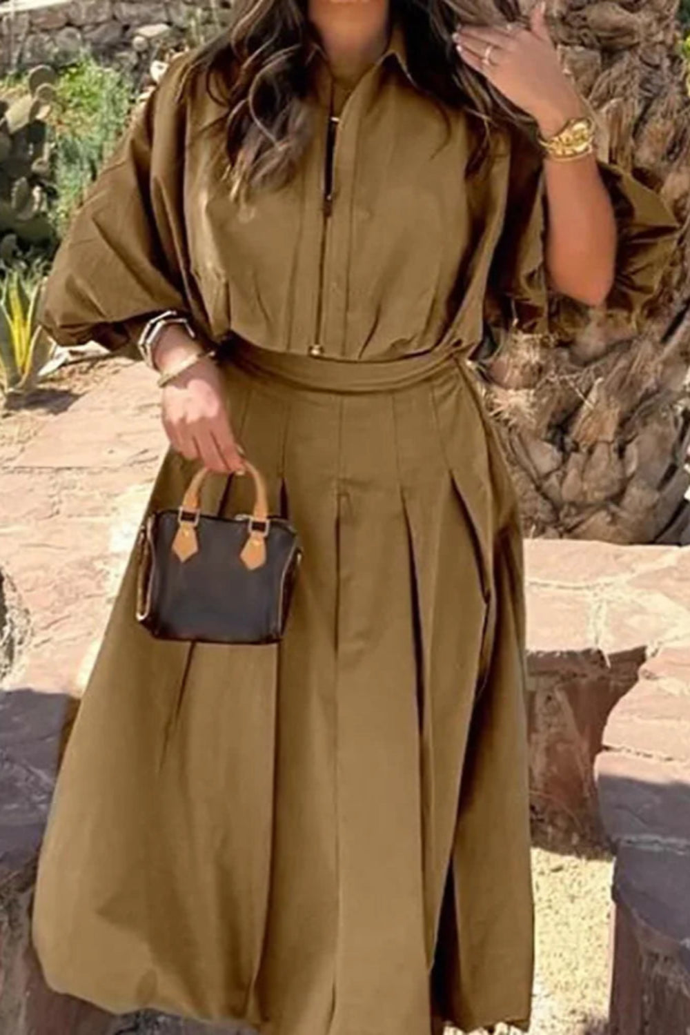 Fall Outfits Casual Pleated Skirt And Zipper Lapel Top Two Piece Outfit - Elegant Autumn Outfit Inspiration Pleated Long Skirt And Lantern Sleeve Top Set