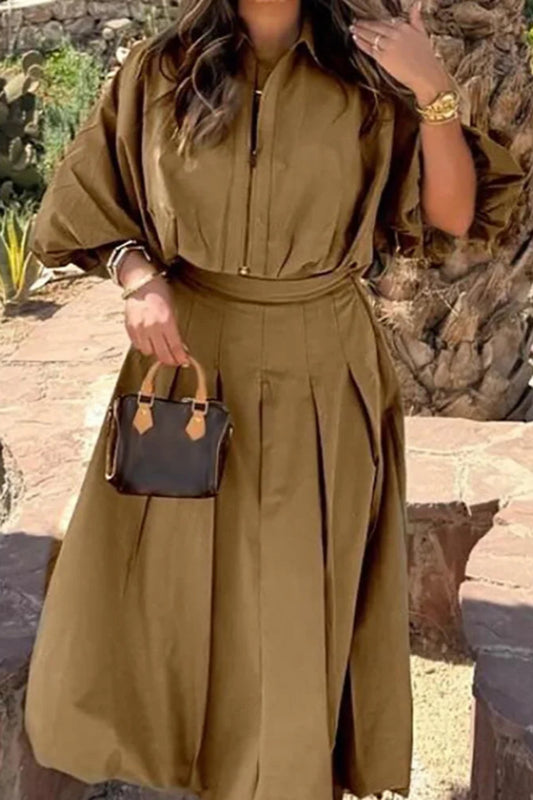 Fall Outfits Casual Pleated Skirt And Zipper Lapel Top Two Piece Outfit - Elegant Autumn Outfit Inspiration Pleated Long Skirt And Lantern Sleeve Top Set