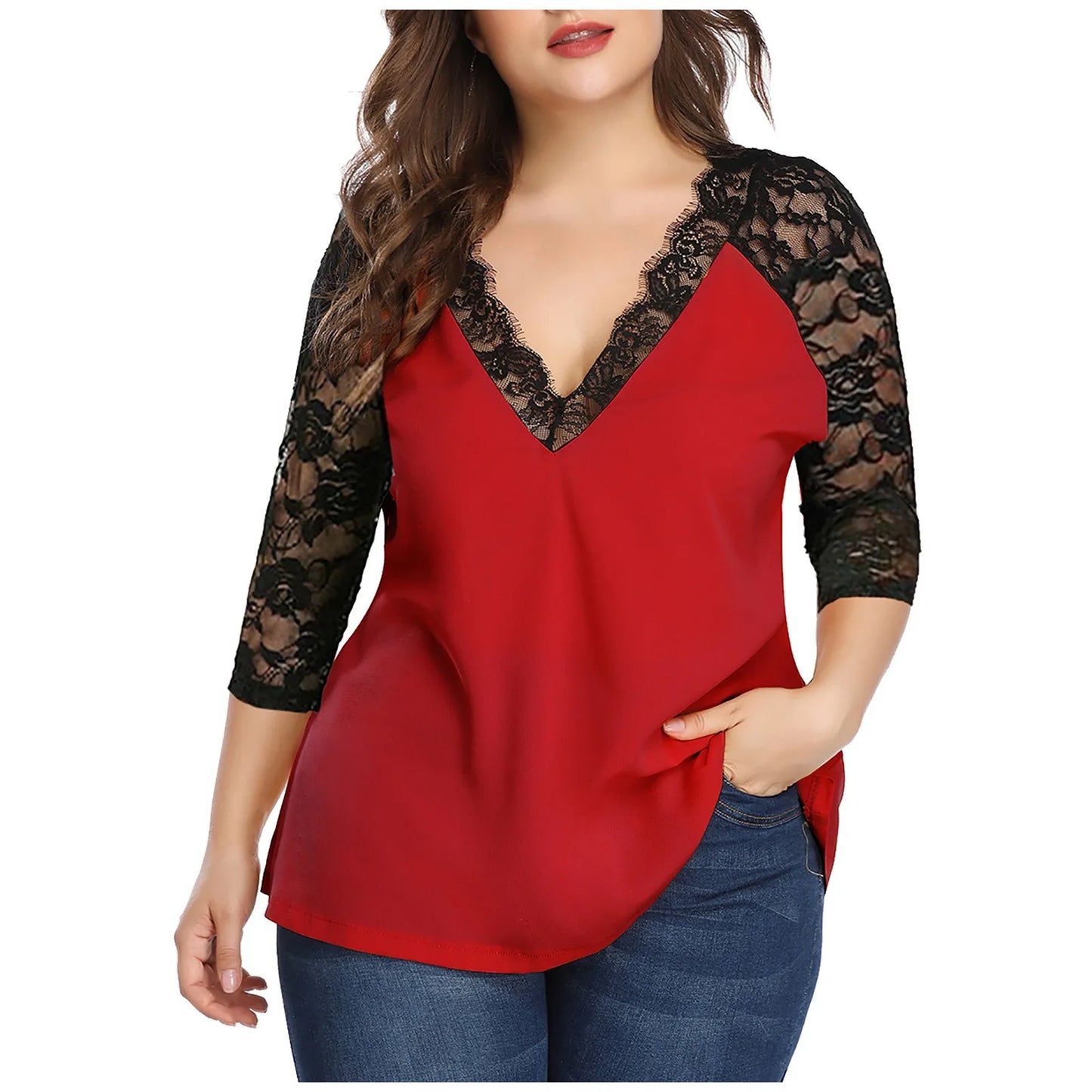 5XL Plus Size Casual Chic Lace Shirt