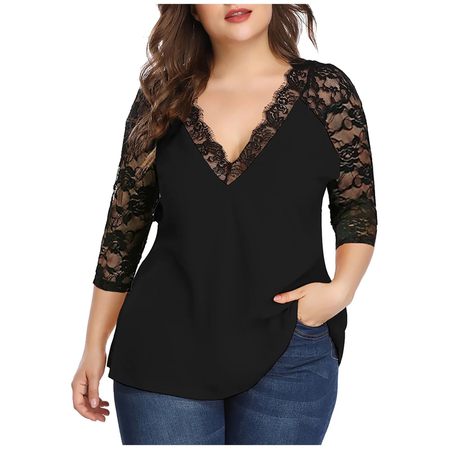 5XL Plus Size Casual Chic Lace Shirt