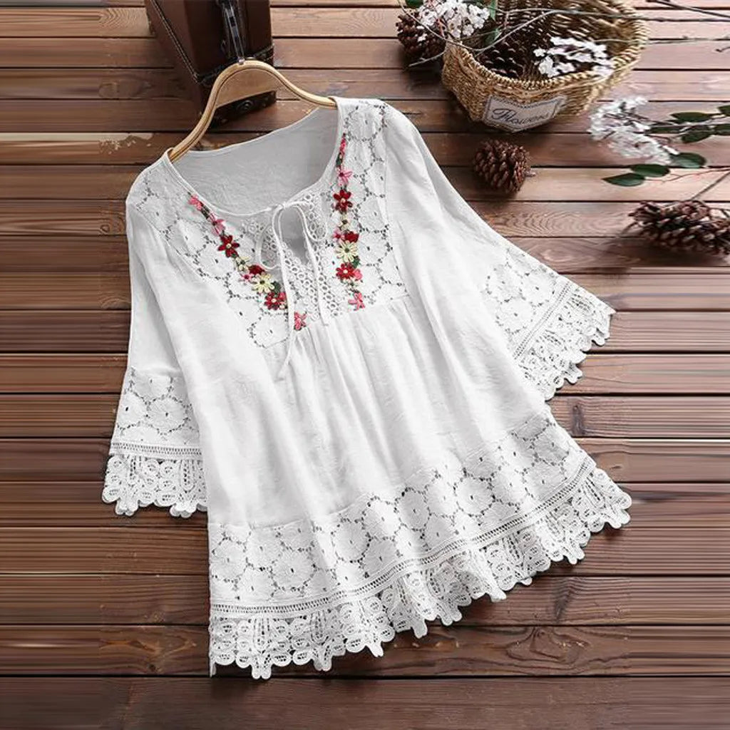 Plus Size Embroidery Cotton Top