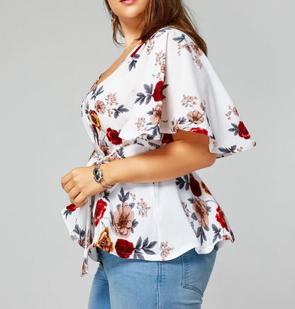 5XL Plus Size Elegant Blossom V-Top