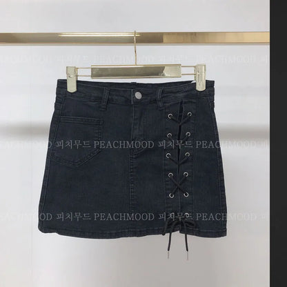 High Waist Denim Mini Skirt with Straps