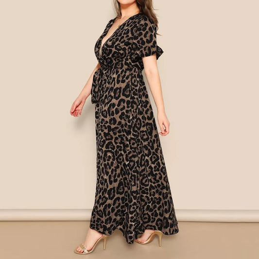 Plus Size Leopard V-Neck Maxi Dress