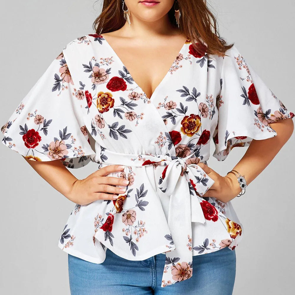 5XL Plus Size Elegant Blossom V-Top