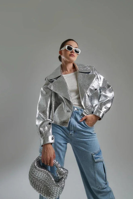 Luxe Silver Faux Leather Moto Jacket Women Winter Chic Streetwear