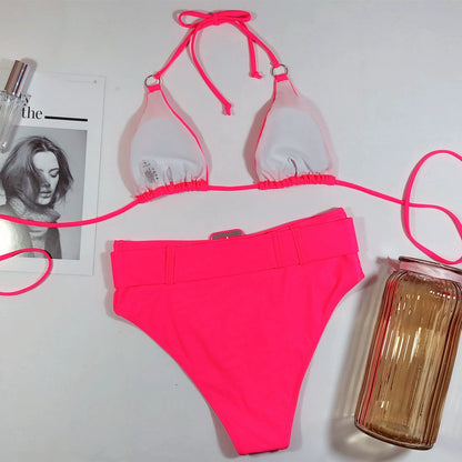Strappy High Waist Swimsuit With Halterneck And Bold Metal Ring Vibes