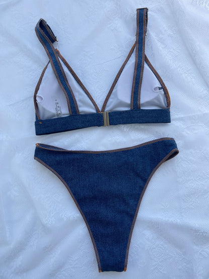 Denim Blue Bikini Set With High Waist Fit For Sexy Swimsuit Outfit Style