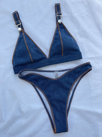 Denim Blue Bikini Set With High Waist Fit For Sexy Swimsuit Outfit Style