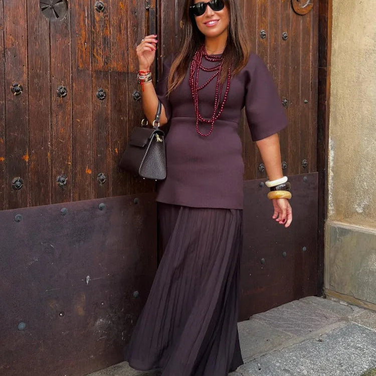 Spring Dress Outfit With Pleated Skirt And Half Sleeves For Vintage Casual Looks