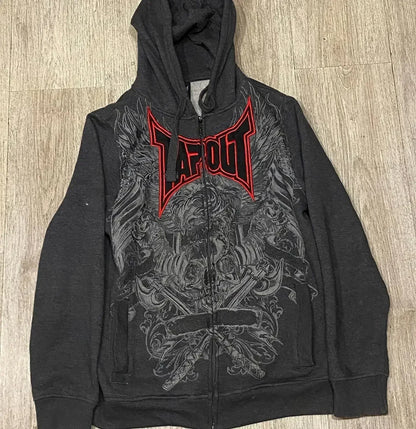 Y2K Grunge Zip Hoodie With Vintage Print For 2025 Fall Outfits Aesthetic