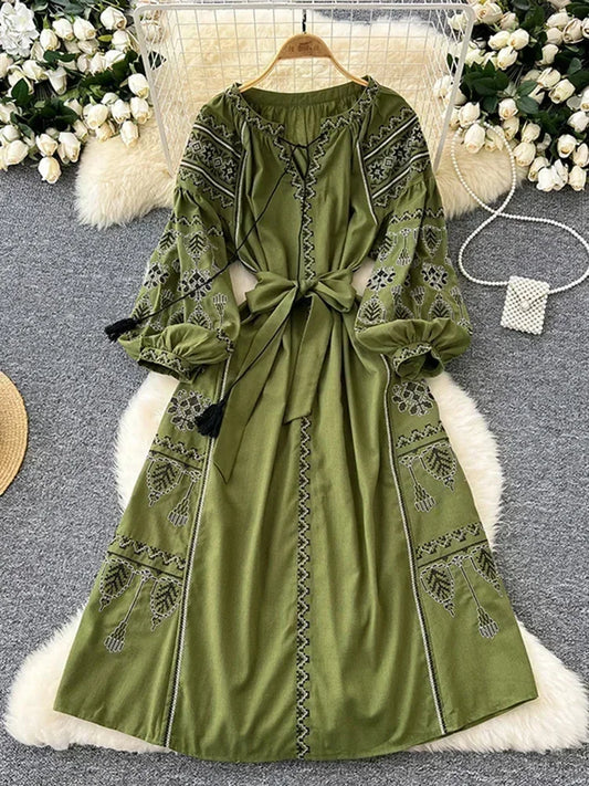 Bohemian Long Dress With Ethnic Embroidery And Cinched Waist For Spring Outfits