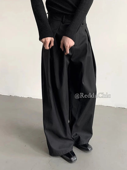 Cleanfit 2025 Minimalist Black Pleated Front Wide Leg Trousers with Low Waist Design for Unisex Office to Streetwear Core Style