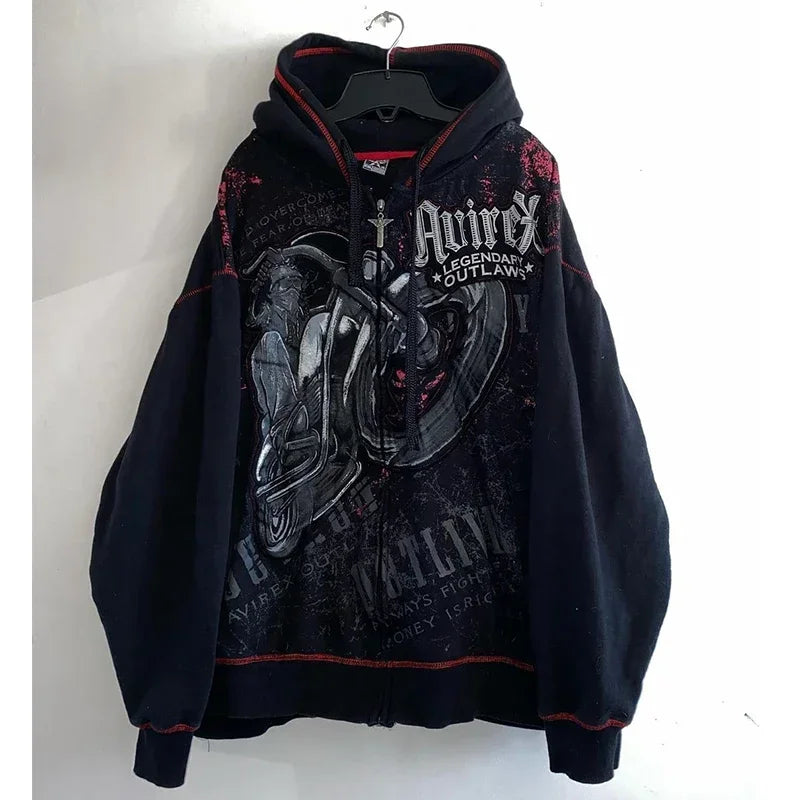 Y2K Grunge Zip Hoodie With Vintage Print For 2025 Fall Outfits Aesthetic