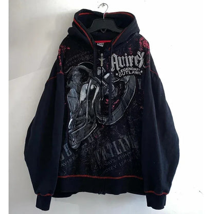 Y2K Grunge Zip Hoodie With Vintage Print For 2025 Fall Outfits Aesthetic
