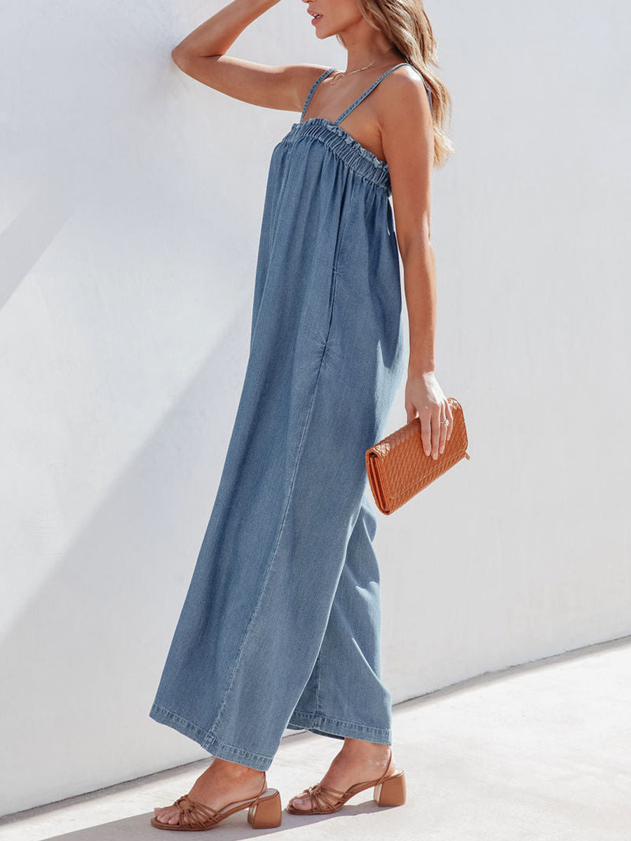 Solid Color Long Romper For Women Featuring Strappy Top And Relaxed Summer Style