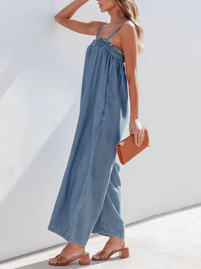 Solid Color Long Romper For Women Featuring Strappy Top And Relaxed Summer Style