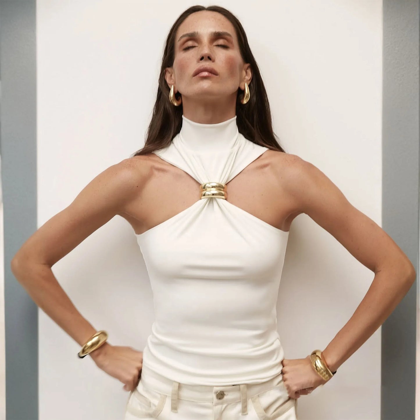 Y2K Turtleneck Knit Crop Tank Top for Women with Metal Ring Detail Sleeveless Ribbed Pullover Camisole Skinny Fit Streetwear Style 2025 Fashion