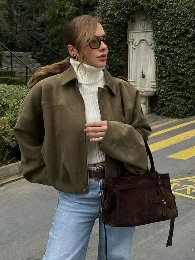 Loose Fit Suede Bomber Jacket Outfit Casual Fall Trend For Women With Lapel Zipper
