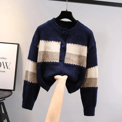 Boho-Chic Multicolor Knit Cardigan with Dramatic Lantern Sleeves for Fall